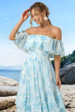 White Blue Off the Shoulder Ruffled Floral A Line Bridesmaid Dress