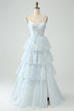 Light Blue Corset Ruffles Tiered Floral A Line Bridesmaid Dress with Slit