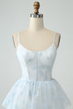 Light Blue Corset Ruffles Tiered Floral A Line Bridesmaid Dress with Slit