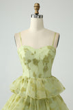 Green Sweetheart Corset Ruffles Floral Print A Line Long Prom Dress