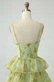 Green Sweetheart Corset Ruffles Floral Print A Line Long Prom Dress