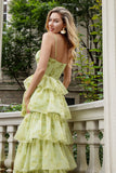 Green Flower A Line Spaghetti Straps Tiered Long Prom Dress With Ruffles