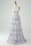 White Blue Flower Spaghetti Straps Corset Tiered A-Line Bridesmaid Dress