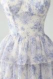 White Blue Flower Spaghetti Straps Corset Tiered A-Line Bridesmaid Dress