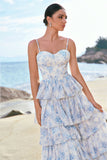 White Blue Flower Spaghetti Straps Corset Tiered A-Line Bridesmaid Dress