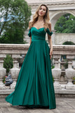 Dark Green Off the Shoulder A Line Satin Long Bridesmaid Dress