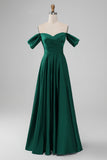 Dark Green A Line Off the Shouder Satin Long Bridesmaid Dress