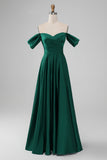 Dark Green Off the Shoulder A Line Satin Long Bridesmaid Dress