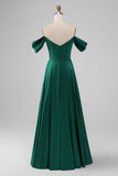 Dark Green A Line Off the Shouder Satin Long Bridesmaid Dress