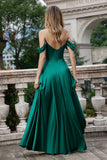 Dark Green Off the Shoulder A Line Satin Long Bridesmaid Dress