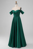 Dark Green Off the Shoulder A Line Satin Long Bridesmaid Dress