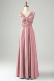 Dusty Rose Twist Front V Neck Pleated Hollow Out Satin Bridesmaid Dress