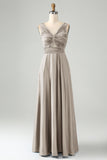 Dusty Rose Twist Front V Neck Pleated Hollow Out Satin Bridesmaid Dress