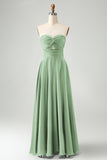 Dusty Sage Twist Front Pleated A Line Satin Long Bridesmaid Dress
