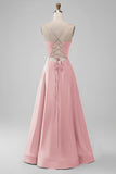 Dusty Rose Deep V Neck A-line Lace Up Satin Bridesmaid Dress