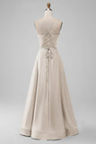 Dusty Rose Deep V Neck A-line Lace Up Satin Bridesmaid Dress