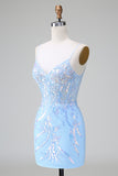 Glitter Lilac Blue Corset Sequins Bodycon Backless Short Prom Dress