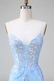 Glitter Lilac Blue Corset Sequins Bodycon Backless Short Prom Dress