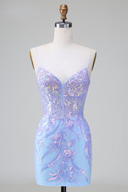 Glitter Lilac Blue Corset Sequins Bodycon Backless Short Prom Dress