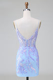 Glitter Lilac Blue Corset Sequins Bodycon Backless Short Prom Dress