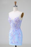 Glitter Lilac Blue Corset Sequins Bodycon Backless Short Prom Dress