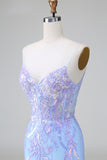 Glitter Lilac Blue Corset Sequins Bodycon Backless Short Prom Dress