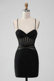 Black Tight Spaghetti Straps Corset Short Prom Dress with Beading