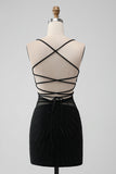 Black Tight Spaghetti Straps Corset Short Prom Dress with Beading