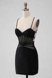 Black Tight Spaghetti Straps Corset Short Prom Dress with Beading