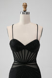 Black Tight Spaghetti Straps Corset Short Prom Dress with Beading