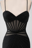 Black Tight Spaghetti Straps Corset Short Prom Dress with Beading