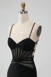 Black Tight Spaghetti Straps Corset Short Prom Dress with Beading