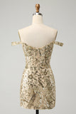 Sparkly Bodycon Golden Off The Shoulder Prom Dress with Sequins