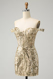 Sparkly Bodycon Golden Off The Shoulder Prom Dress with Sequins