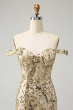 Sparkly Bodycon Golden Off The Shoulder Prom Dress with Sequins