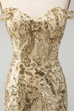 Sparkly Bodycon Golden Off The Shoulder Prom Dress with Sequins