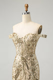 Sparkly Bodycon Golden Off The Shoulder Prom Dress with Sequins