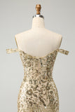 Sparkly Bodycon Golden Off The Shoulder Prom Dress with Sequins