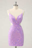 Glitter Purple Tight Sequined V Neck Short Prom Dress