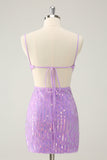 Glitter Purple Tight Sequined V Neck Short Prom Dress