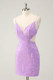 Glitter Purple Tight Sequined V Neck Short Prom Dress