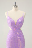 Glitter Purple Tight Sequined V Neck Short Prom Dress