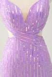 Glitter Purple Tight Sequined V Neck Short Prom Dress