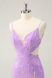 Glitter Purple Tight Sequined V Neck Short Prom Dress