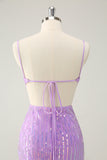 Glitter Purple Tight Sequined V Neck Short Prom Dress