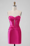 Stylish Fuchsia Bodycon Strapless Satin Corset Short Prom Dress