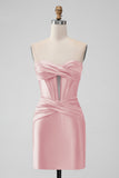 Stylish Fuchsia Bodycon Strapless Satin Corset Short Prom Dress