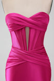 Fuchsia Bodycon Sweetheart Satin Corset Short Prom Dress