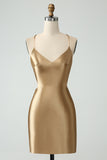 Gold Bodycon Spaghetti Straps Satin Prom Dress with Criss Cross Back