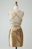 Gold Bodycon Spaghetti Straps Satin Prom Dress with Criss Cross Back